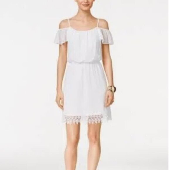 Thalia Sodi White lace bottom off the shoulder blouson dress, Size Small - Picture 1 of 14